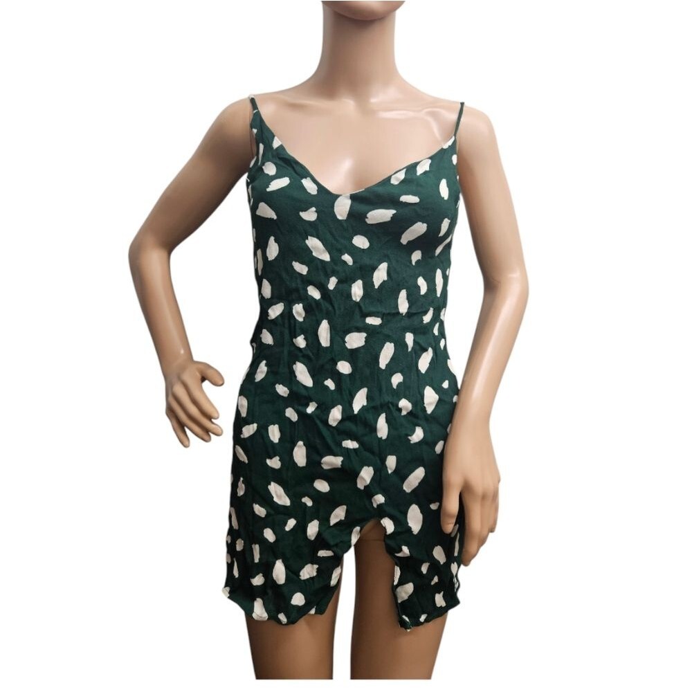 Reformation Marlowe Mini Slip Dress in Green Splatter Print Side Slit
